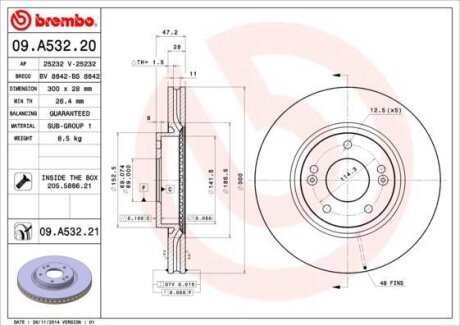 Диск тормозной HYUNDAI/KIA I30/CEED/SOUL 12- передн.300мм. BREMBO 09.A532.21