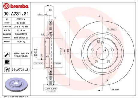 Диск тормозной MB W203/C209 -09 3.5-5.5 перед.вент. D=345 BREMBO 09.A731.21