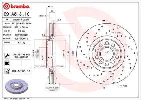 Диск тормозной AUDI A4 05- перед.вент. (мин. 2 шт.) BREMBO 09.A813.11