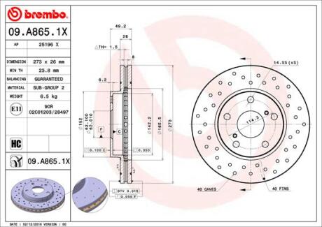 Диск тормозной TOYOTA AURIS/COROLLA 07- передн.273мм.вент.(С ПЕРФОРАЦИЕЙ) BREMBO 09.A865.1X