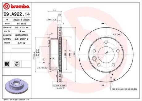 Диск тормозной MB SPRINTER/CRAFTER 95-06 перед. BREMBO 09.A922.14