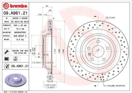 Диск тормозной MB X166/W166 11- 2.1-5.5 задн.вент. BREMBO 09.A961.21
