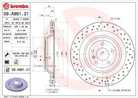 Диск тормозной MB X166/W166 11- 2.1-5.5 задн.вент. BREMBO 09.A961.21