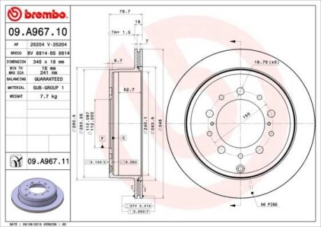 Гальмівний диск задній LEXUS/TOYOTA/TOYOTA (FAW) BREMBO 09.A967.11