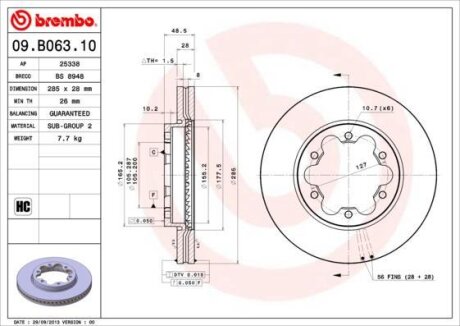 Диск тормозной TOYOTA HIACE 06- передн.285мм.вент. BREMBO 09.B063.10
