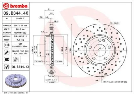 Диск тормозной MB A(W176)/CLA/GLA 12-/13- (С ПЕРФОРАЦИЕЙ) передн.295мм. BREMBO 09.B344.4X