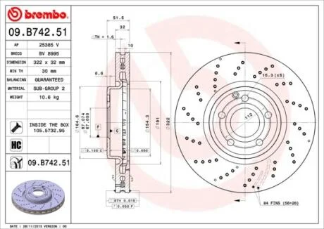 Диск тормозной MB C218 11- 2.0-3.5 перед.вент.(с перфорацией) D=322 BREMBO 09.B742.51