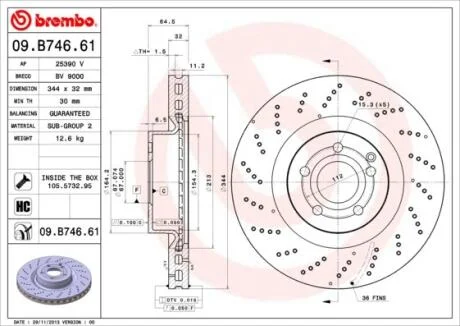 Диск тормозной MB E400/500 COUPE 09-/14- перед.вент. D=344 BREMBO 09.B746.61