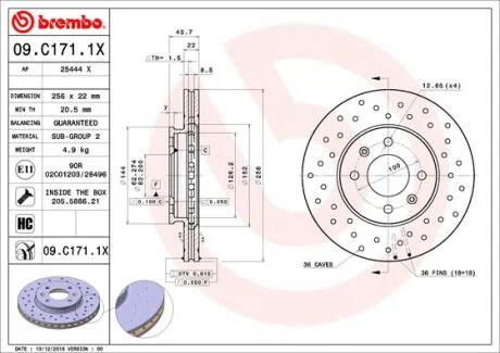 Диск тормозной HYUNDAI/KIA SOLARIS/RIO 11- передн.256мм.вент.(С ПЕРФОРАЦИЕЙ) BREMBO 09.C171.1X