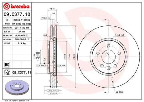 Диск тормозной OPEL ASTRA J/ZAFIRA 09- передн.321мм.вент. BREMBO 09.C377.11