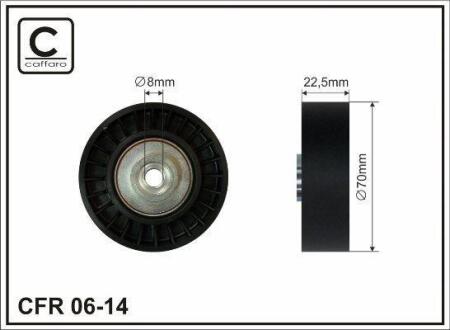 Ролик проміжний поліклинового ремня BMW 3 E46/5 E39/7 E38/X5 E53, Land Rover Freelander/Range Rover III, Opel Omega B, Rover 75 2.0D/2.5D/3.0D 02.98-08.12 70x8x23 CAFFARO 06-14