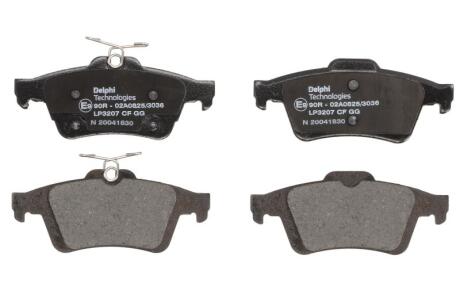 Комплект гальмівних колодок задн (без комплектуючих з шумопоглинаючою пластиною), FORD C-MAX, C-MAX II, FOCUS C-MAX, FOCUS II, FOCUS III, FOCUS III/HATCHBACK, FOCUS III/KOMBI 1.0-Electric 12.01- Delphi LP3207