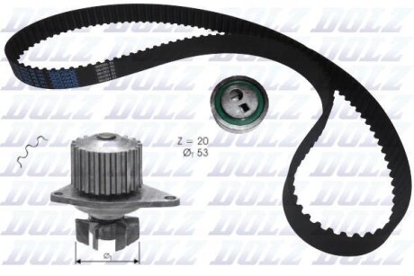 CITROEN К-т ГРМ (помпа + ремінь + ролик) BERLINGO 1.4 i 96-11, XSARA (N1) 1.4 i 97-05, ZX Break (N2) 1.4 i 93-97, PEUGEOT 106 II 1.4 i 96-04, 206 SW 1.4 02-07 DOLZ KD026