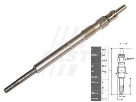 Свічка розжарення FORD Ka 08-16, FIAT Doblo 09-15, Doblo 00-13, Fiorino 07-, OPEL Astra H 04-14, Corsa D 06-15, Combo C 01-11, SUZUKI Swift 04-10, Swift 10-17, Splash 08-15, ALFA ROMEO MiTo 08-18, LANCIA Ypsilon 03-11, Musa 04-12 FAST FT82720