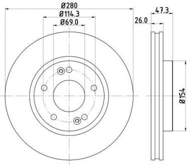 Гальмівний диск перед. Ceed/Carens III/Magentis/Sportage/Tucson 04- (280x26) HELLA 8DD 355 120-141