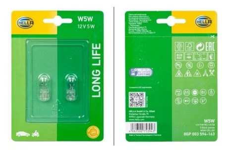 W5W 12V 5W Лампа розжарювання (LONG LIFE UP TO 3x) LONGER LIFETIME (блістер 2 шт) HELLA 8GP 003 594-163