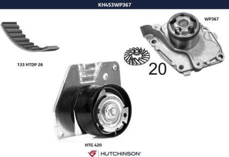 Помпа води + комплект ремня ГРМ HUTCHINSON KH 453WP367