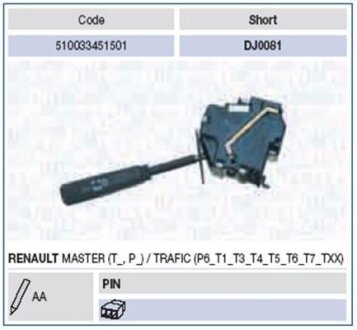 Підкермовий перемикач (клаксон, фари) RENAULT MASTER I, TRAFIC 03.80-03.01 MAGNETI MARELLI 510033451501