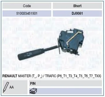 Підкермовий перемикач (клаксон, фари) RENAULT MASTER I, TRAFIC 03.80-03.01 MAGNETI MARELLI 510033451501