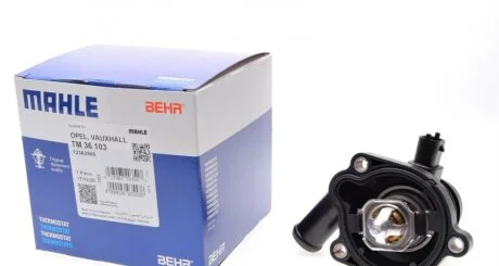 Термостат системи охолодження (103°C, в корпусі) BUICK ENCORE CHEVROLET AVEO, CRUZE, ORLANDO, TRAX OPEL ADAM, ASTRA J, ASTRA J GTC, CASCADA, CORSA D, CORSA E, INSIGNIA A, MERIVA B 1.0-1.8 05.09- MAHLE / KNECHT TM 36 103