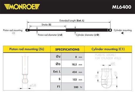 Газова пружина, кришка капота MONROE ML6400