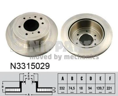Диск тормозной MITSUBISHI PAJERO 07- задний вент.D=332мм. NIPPARTS N3315029