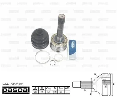 Шарнір приводного валу зовнішній Лів/Прав (28z/25z/56мм) HYUNDAI GALLOPER II MITSUBISHI DELICA / SPACE GEAR, L 300 III, L200, PAJERO I, PAJERO II, PAJERO SPORT I 2.0-3.5 01.83-01.08 PASCAL G15033PC