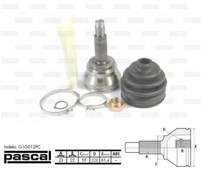 Шарнір приводного валу зовнішній Лів/Прав (23z/22z/55мм) FORD ESCORT III, ESCORT III EXPRESS, ESCORT IV, ESCORT IV EXPRESS, FIESTA I, FIESTA II, ORION I, ORION II 1.1-1.8D 08.77-07.90 PASCAL G1G012PC