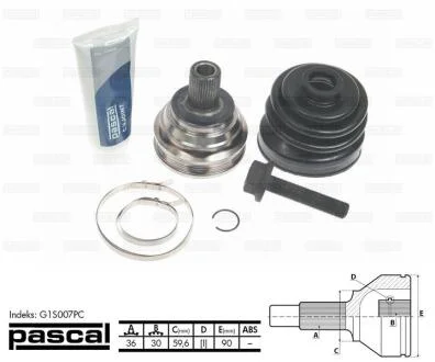 ШРКШ зовнішній (L=R) (36z/30z/59,6мм) AUDI A3, SEAT ALTEA, ALTEA XL, LEON, TOLEDO III, SKODA OCTAVIA II, SUPERB II, YETI, VW CADDY III, CADDY III/MINIVAN, EOS 1.2-3.2 02.03- PASCAL G1S007PC (фото 1)