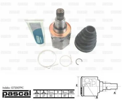 Шарнір приводного валу внутрішній Лів (23z/27z/50мм) TOYOTA ALPHARD I, AVENSIS VERSO, CALDINA, CAMRY, GAIA, HARRIER, ISIS, MARK X ZIO I, NOAH/VOXY, PREMIO, PREVIA II, PREVIA III 2.0-3.5 02.00- PASCAL G72007PC