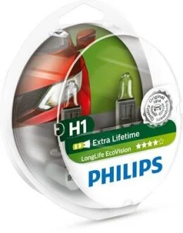 Лампа накаливания H1 12V 55W P14,5s LongerLife Ecovision 2шт PHILIPS 12258LLECOS2