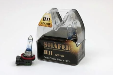 ЛАМПА РОЗЖАРЮВАННЯ H11 12V55W SUPER VISION ULTRA +100% (КОМПЛЕКТ, ПЛАСТИКОВИЙ БОКС 2ШТ) SHAFER SL3011