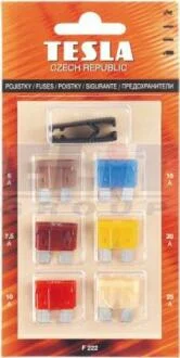Предохранитель Евро (к-т 6 шт. 5A, 7,5A, 10A, 15A, 20A, 25A) с пинцетом, бл. уп. TESLA F 222