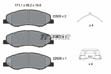 Комплект гальмівних колодок передн, HONDA ODYSSEY HYUNDAI GRANDEUR KIA CEE\'D, CERATO III 1.6/3.0/3.5 07.11- TEXTAR 2282601