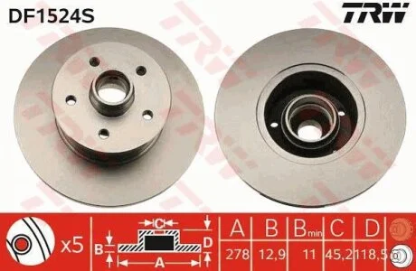 Диск гальмівний передній лів/прав FORD TOURNEO CUSTOM V362, VW TRANSPORTER III 1.6-2.0DH 05.79- TRW DF1524S