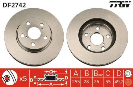 Диск тормозной TOYOTA CARINA/CORONA 88- перед.вент. TRW DF2742