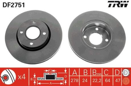 Диск гальмівний передн Лів/Прав FORD COUGAR, MONDEO I, MONDEO II, SCORPIO II FORD USA CONTOUR 1.8-2.9 04.93-12.01 TRW DF2751