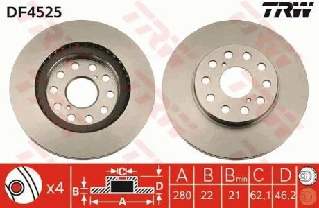 Диск гальмівний задн лів/прав TOYOTA MR2 II 2.0 12.89-05.00 TRW DF4525