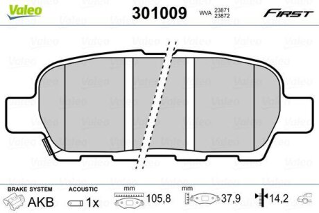 Колодки тормозные (задние) Renault Koleos 08- (Akebono) Valeo 301009