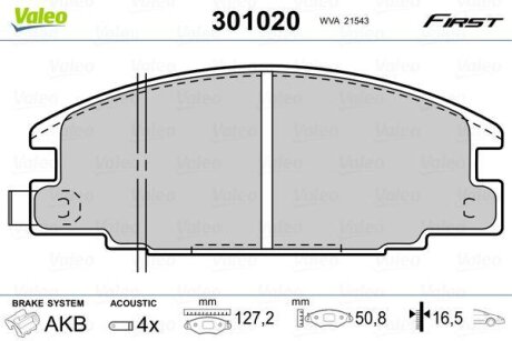Комплект гальмівних накладок, дискове гальмо Valeo 301020
