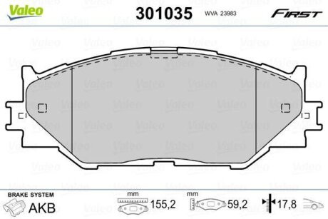 Комплект гальмівних накладок, дискове гальмо Valeo 301035