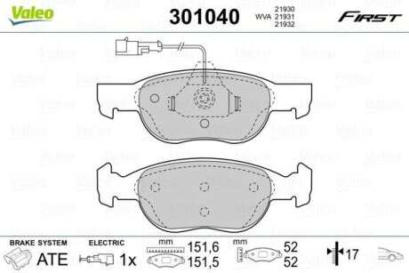 Комплект гальмівних накладок, дискове гальмо Valeo 301040