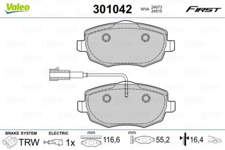 Комплект гальмівних накладок, дискове гальмо Valeo 301042