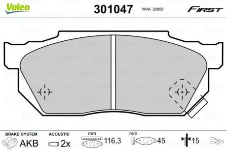 Комплект гальмівних накладок, дискове гальмо Valeo 301047