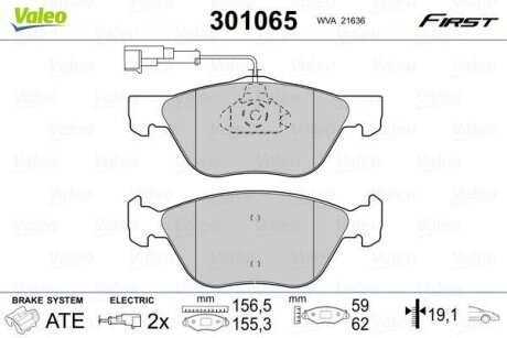 Комплект гальмівних накладок, дискове гальмо Valeo 301065