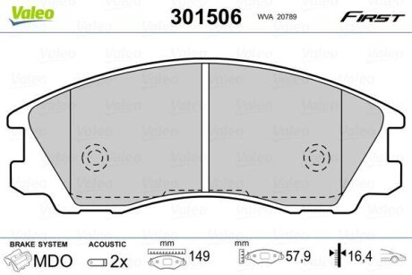 Комплект гальмівних накладок, дискове гальмо Valeo 301506