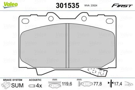 Комплект гальмівних накладок, дискове гальмо Valeo 301535