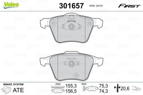 Комплект гальмівних накладок, дискове гальмо Valeo 301657