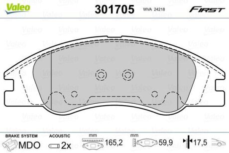Комплект гальмівних накладок, дискове гальмо Valeo 301705
