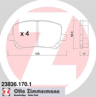 Комплект гальмівних накладок, дискове гальмо ZIMMERMANN 23836.170.1